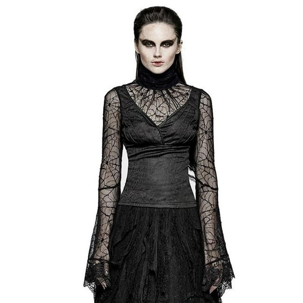 Black Gothic High Collar Spider Web Flare Sleeves T-shirt For Women 